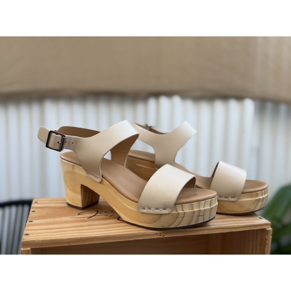 Nisolo All-Day Bone Cream Leather Straps Open Toe Wood Clog Sandals Size 7